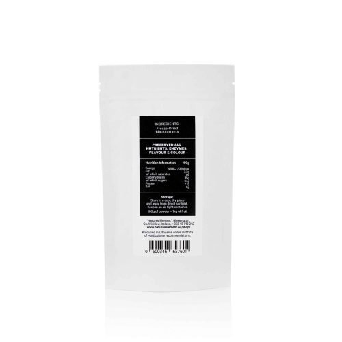 A pouch of freeze-dried blackcurrant powder (100g), featuring its deep purple colour and fine texture—ideal for smoothies, baking, and natural food colouring.
