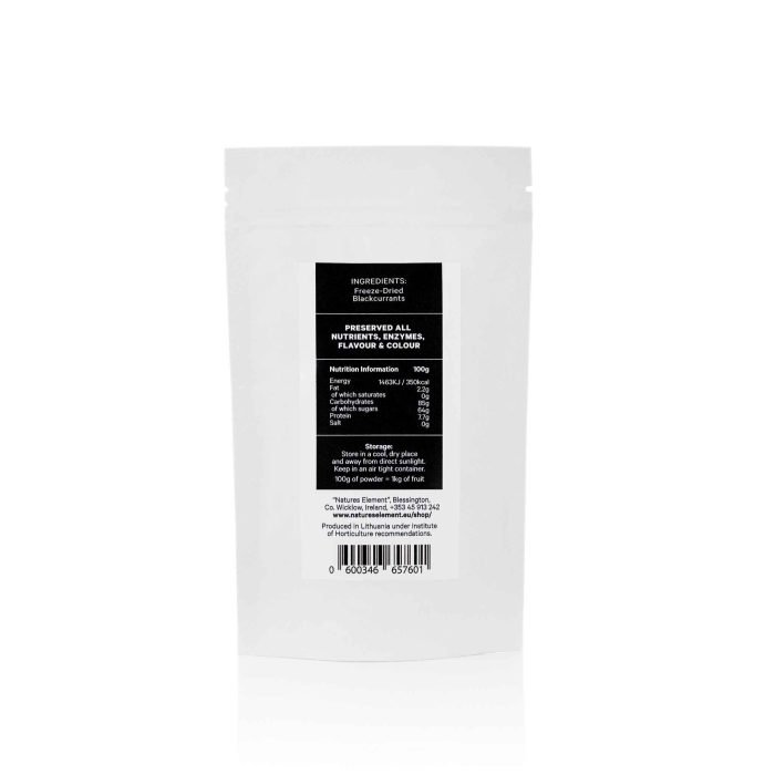 Premium Freeze-Dried Blackcurrant Powder 100g – 100% Natural & Antioxidant-Rich A pouch of freeze-dried blackcurrant powder (100g), featuring its deep purple colour and fine texture—ideal for smoothies, baking, and natural food colouring.