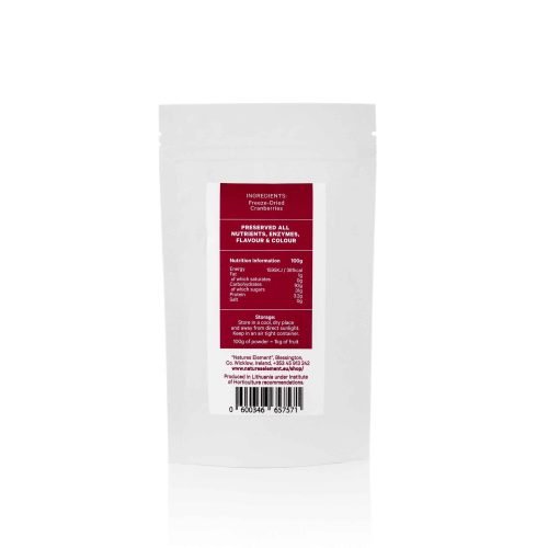 A pouch of freeze-dried cranberry powder (100g), showcasing its vibrant red colour and fine texture—perfect for smoothies, baking, and immune-boosting recipes.