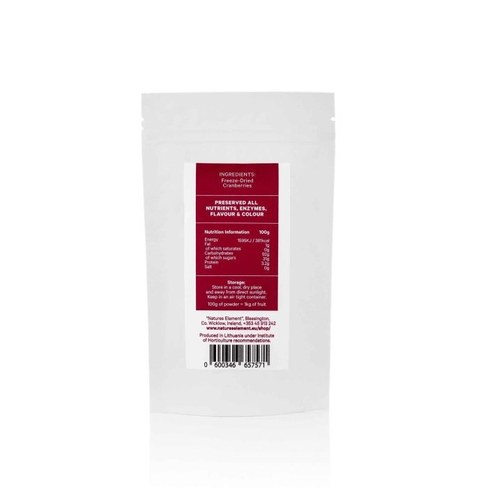 Premium Freeze-Dried Cranberry Powder 100g – 100% Natural & Antioxidant-Rich A pouch of freeze-dried cranberry powder (100g), showcasing its vibrant red colour and fine texture—perfect for smoothies, baking, and immune-boosting recipes.