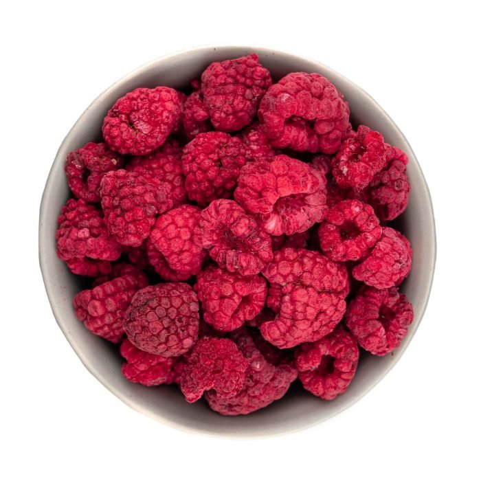 Premium Freeze-Dried Raspberry Powder 100g – 100% Natural & Antioxidant-Rich Close-up of premium freeze-dried raspberries, showcasing their vibrant red colour and crispy texture, ideal for healthy snacking and culinary use.