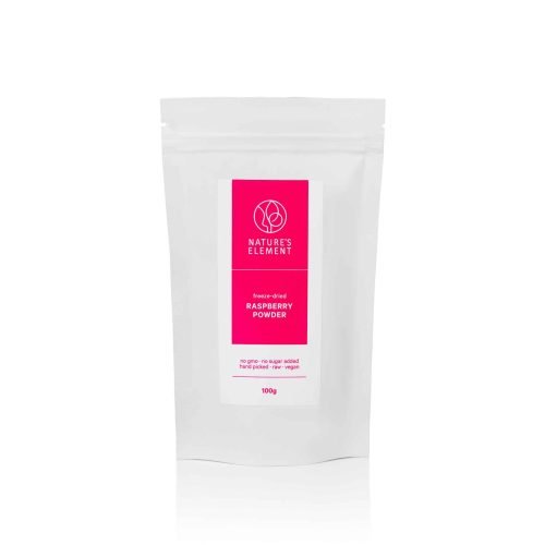 Premium Freeze-Dried Raspberry Powder 100g – 100% Natural & Antioxidant-Rich A pouch of freeze-dried raspberry powder (100g), showcasing its vibrant red colour and fine texture—perfect for smoothies, baking, and wellness recipes.
