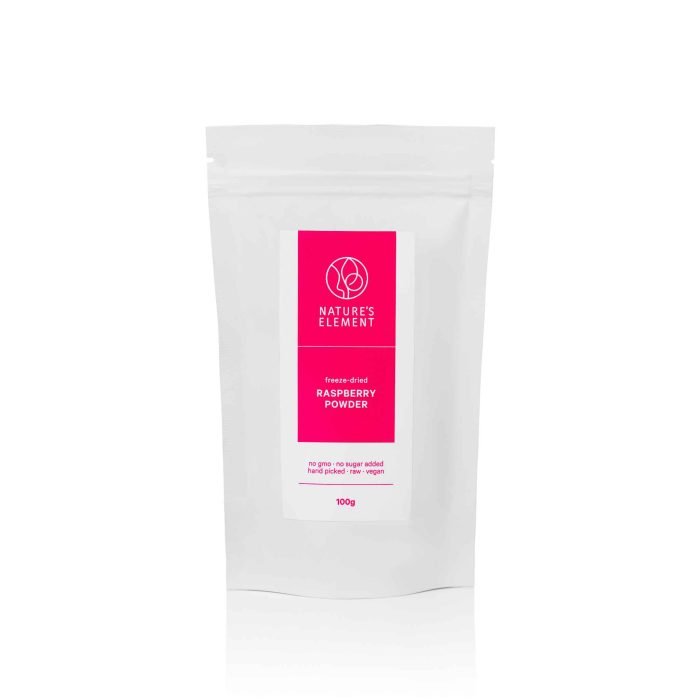 Premium Freeze-Dried Raspberry Powder 100g – 100% Natural & Antioxidant-Rich A pouch of freeze-dried raspberry powder (100g), showcasing its vibrant red colour and fine texture—perfect for smoothies, baking, and wellness recipes.