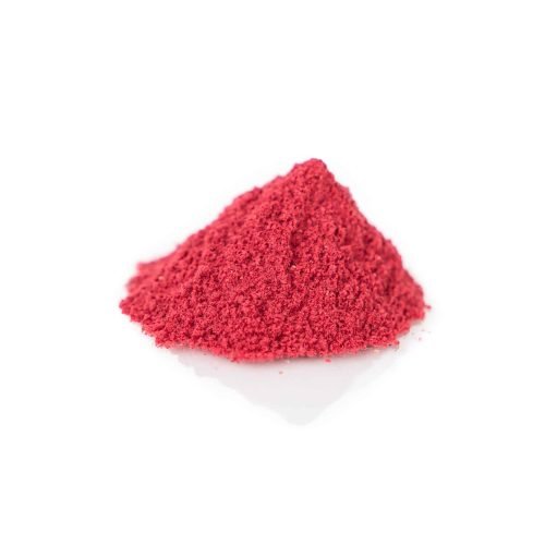 A freeze-dried raspberry powder (100g), showcasing its vibrant red colour and fine texture—perfect for smoothies, baking, and wellness recipes.