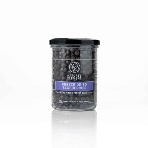 Premium Freeze-Dried Blueberries 55g – 100% Natural & Nutrient-Packed Close-up of premium freeze-dried blueberries, showcasing their deep blue colour and crispy texture, ideal for healthy snacking, smoothies, and desserts.