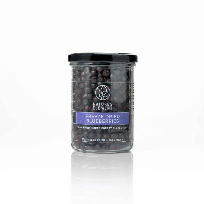 Premium Freeze-Dried Blueberries 55g – 100% Natural & Nutrient-Packed Close-up of premium freeze-dried blueberries, showcasing their deep blue colour and crispy texture, ideal for healthy snacking, smoothies, and desserts.