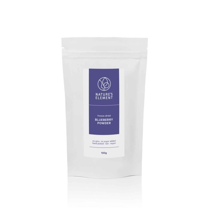 Premium Freeze-Dried Blueberry Powder 100g – 100% Natural & Antioxidant-Rich A pouch of freeze-dried blueberry powder (100g), showcasing its deep purple colour and fine texture—perfect for smoothies, baking, and wellness recipes.