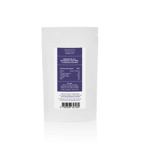 A pouch of freeze-dried blueberry powder (100g), showcasing its deep purple colour and fine texture—perfect for smoothies, baking, and wellness recipes.