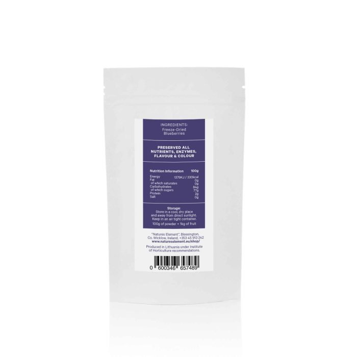 Premium Freeze-Dried Blueberry Powder 100g – 100% Natural & Antioxidant-Rich A pouch of freeze-dried blueberry powder (100g), showcasing its deep purple colour and fine texture—perfect for smoothies, baking, and wellness recipes.