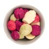 Natural Freeze-Dried Fruit Treats Jar – 100% Pure & Healthy Snack (15 Pieces) A bowl filled with 15 pieces of freeze-dried fruit treats in four flavours—strawberry & red currant, pear & raspberry, apple & pumpkin, and apple & spinach. A healthy, all-natural snack with no added sugar or preservatives.