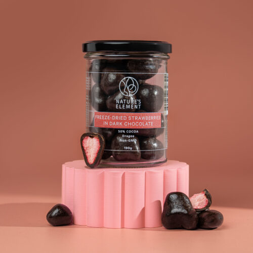 A premium gourmet treat of freeze-dried strawberries coated in rich black chocolate (50%+ cacao), offering a perfect balance of deep cocoa flavour and natural fruit sweetness.