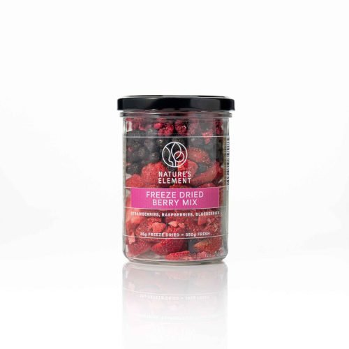 Premium Freeze-Dried Mixed Berries Jar 35g – Blueberries, Strawberries & Raspberries Glass jar filled with premium freeze-dried mixed berries, including wild blueberries, strawberries, and raspberries, showcasing their vibrant colours and crispy texture—ideal for healthy snacking and culinary use.