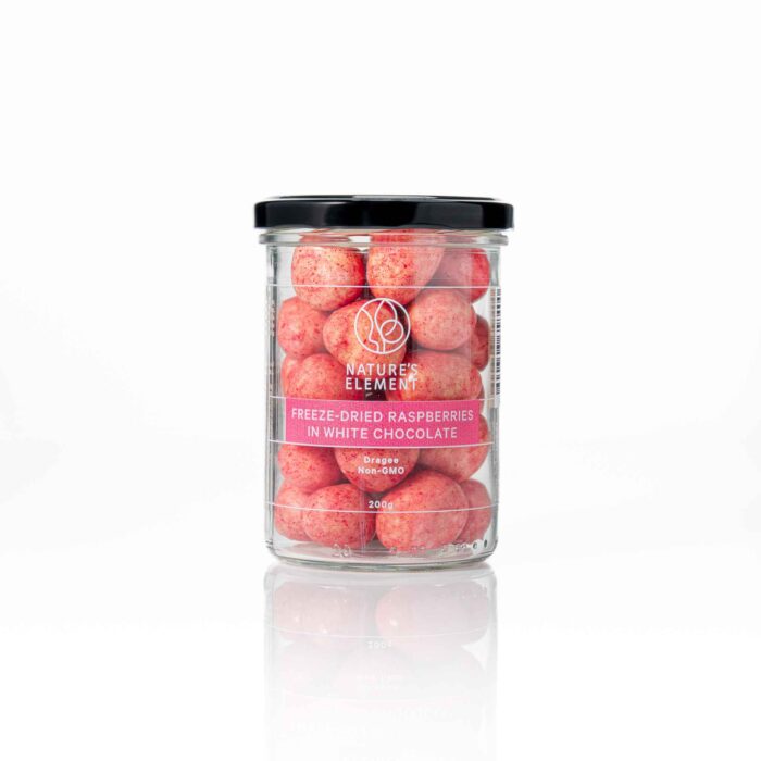 A gourmet treat of freeze-dried raspberries coated in premium white chocolate, offering a perfect balance of tangy fruitiness and creamy sweetness.