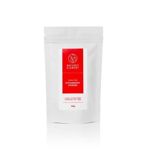 Premium Freeze-Dried Strawberry Powder 100g – 100% Natural Superfood A pouch of freeze-dried strawberry powder (100g), showcasing its vibrant red colour and fine texture—ideal for smoothies, baking, and natural food colouring.