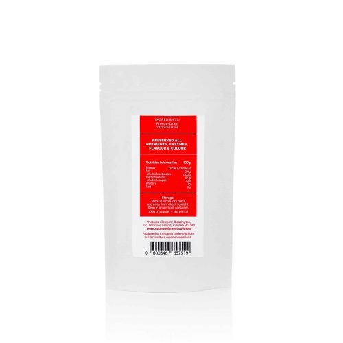 A pouch of freeze-dried strawberry powder (100g), showcasing its vibrant red colour and fine texture—ideal for smoothies, baking, and natural food colouring.