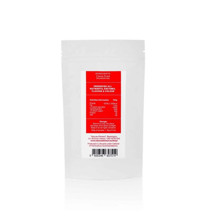 Premium Freeze-Dried Strawberry Powder 100g – 100% Natural Superfood A pouch of freeze-dried strawberry powder (100g), showcasing its vibrant red colour and fine texture—ideal for smoothies, baking, and natural food colouring.