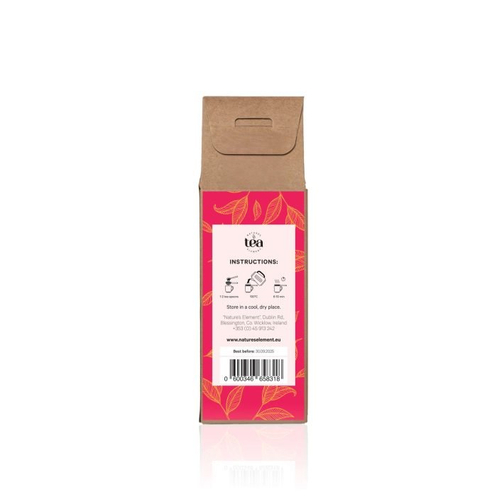 Premium Red Dragon Fruit Tea 100g – Fruity, Antioxidant-Rich & Caffeine-Free A pouch of Red Dragon Fruit Tea 100g, featuring a vibrant loose-leaf blend of hibiscus blossoms, elderberries, red currants, blackberries, strawberry slices, rose petals, and apple bits—perfect for a refreshing and immune-boosting infusion.