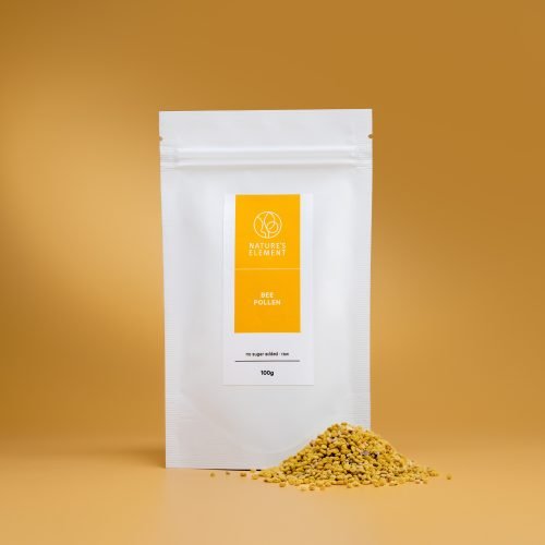 Nature’s Element – Bee Pollen 100g Nature’s Element bee pollen granules in white pouch on golden background – raw natural superfood