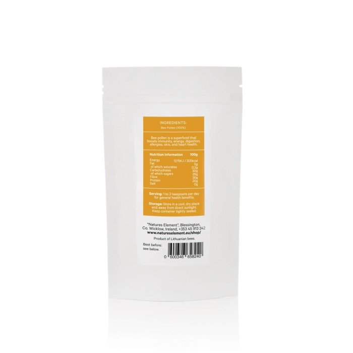 Bee Pollen 100g Pack Back Raw bee pollen 100g pack in Nature’s Element packaging