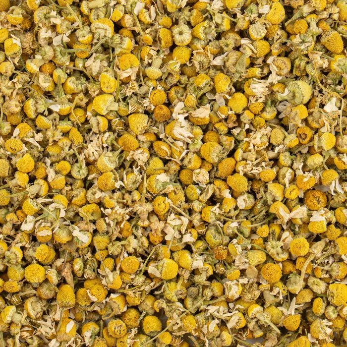 Nature’s Element – Camomile Tea Close-Up Dried camomile blossoms loose-leaf herbal tea close-up