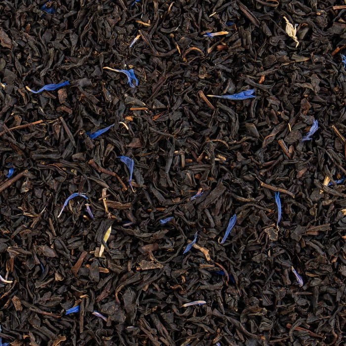 Nature’s Element – Earl Grey Loose Leaf Tea Close-up of loose-leaf Earl Grey tea with cornflower petals