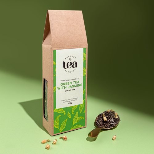 Nature’s Element – Green Tea with Jasmine Nature’s Element Green Tea with Jasmine loose-leaf blend on green background